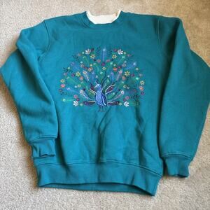 Vintage 90s Grandma sweater Embroidered Peacock Double Collar Small
